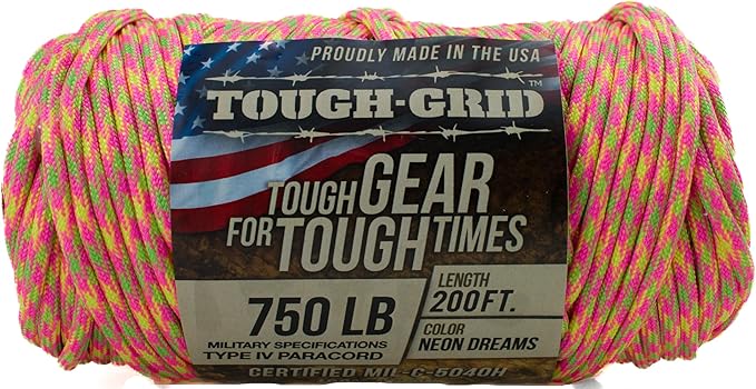 TOUGH-GRID Paracord Rope 750 lbs Nylon Parachute Cord, Made in USA Survival Kit, Outdoor Adventures, Camping, Tactical Gear & Emergency Supplies, Military Type IV Mil-Spec