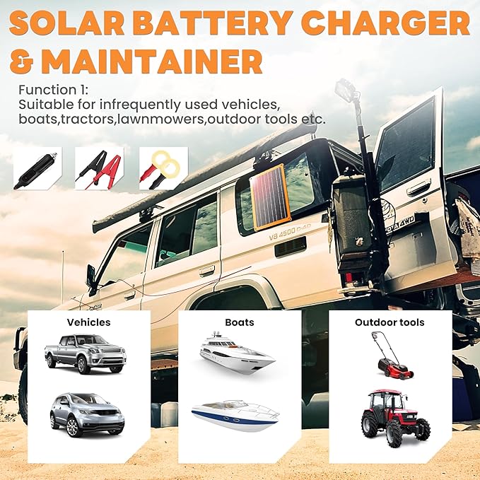 FieryRed 10W 12V Solar Battery Trickle Charger Maintainer, Solar Panel Charging Kits for Car Automotive Boat Trailer with Dual USB Fast Charging, Cigarette Lighter Plug & Alligator Clip
