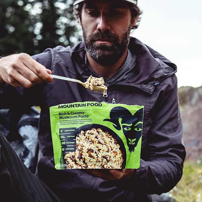 BIGHORN Mountain Food Vegetarian Creamy Mushroom Pasta - contains 6 packs | 12 servings | 192g Protein | 3,900 Calories - premium freeze dried meals for backpacking food - vegetarian backpacking meal - ideal camping meals just add water - great taste