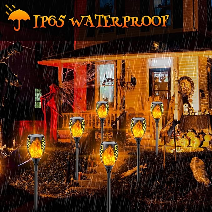 Upgraded Solar Lights Outdoor, 6 Pack Flickering Flame Solar Torch Lights with Super Larger Size for Halloween Decor, Solar Halloween Lights Waterproof Solar Powered Outdoor Lights for Garden Pathway