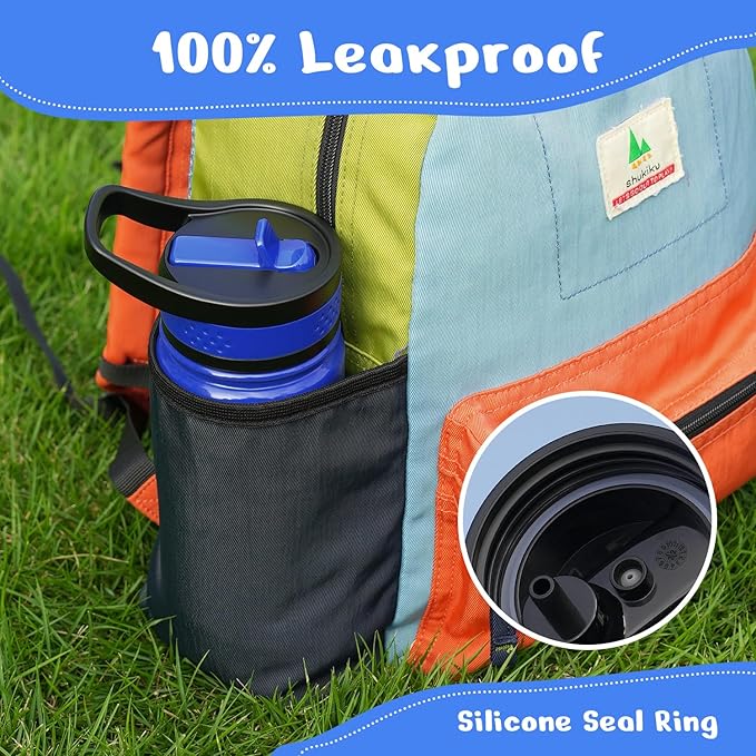 2 Pack Insulated Kids Water Bottle, BUZIO 14oz Stainless Steel Water Bottles with Tritan Straw Lid, BPA-FREE Lead-Free Double Wall Leak Proof Drink Cups Flask for School (Blue Car +Blue Dinosaur)