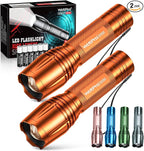 WdtPro LED Flashlight High Lumens SR2000 Pro, 2 Pack Brighter Tactical Flashlights with 5 Modes & Zoomable, Powerful Mini Flash Light for Emergency, Camping, Hiking (Orange)