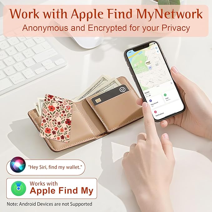 Wallet Tracker Card (iOS Only), Rechargeable Bluetooth Smart Tracking for Apple Find My Compatible Anti Tracker for Men Women Slim Item Locator for Purse Passport Key Luggage Tag (1Pcs/Pink FLR)