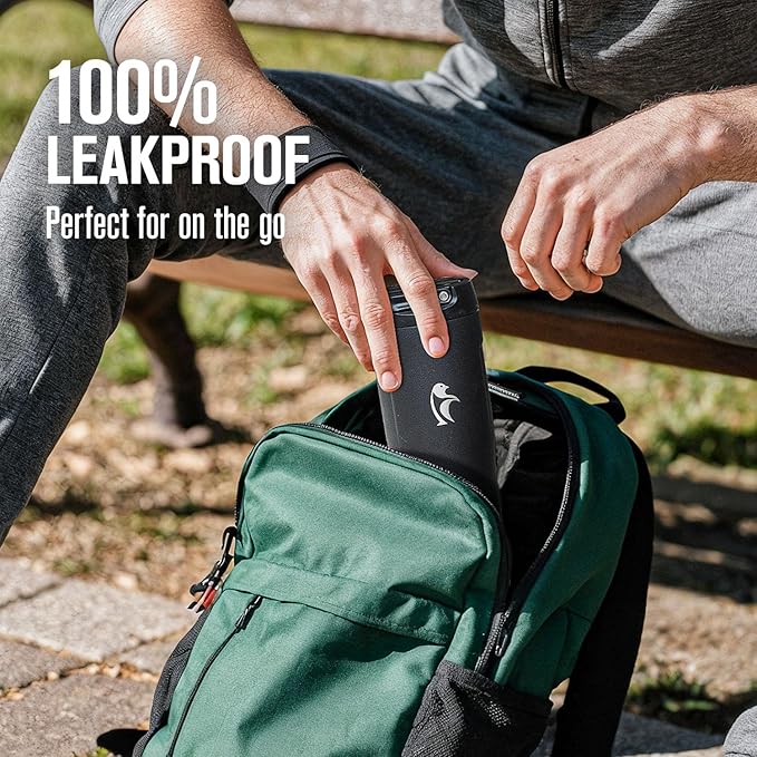 Coolflask Water Bottle 32 oz Fits Car Cup Holder, Slim Tumbler Stainless Steel with Straw & Handle, Vacuum Flask Leakproof Wide Mouth for Travel Sports Gym, Black