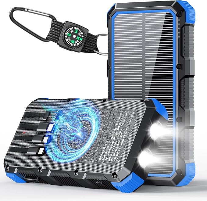 Solar Charger Power Bank 49800mAh Wireless Charger QC 3.0 Fast Charging Power Bank 8 Outputs 4 Inputs Solar Portable Charger Compatible with All Mobile Devices,SOS/Strobe/Strong Flashlights (Blue)