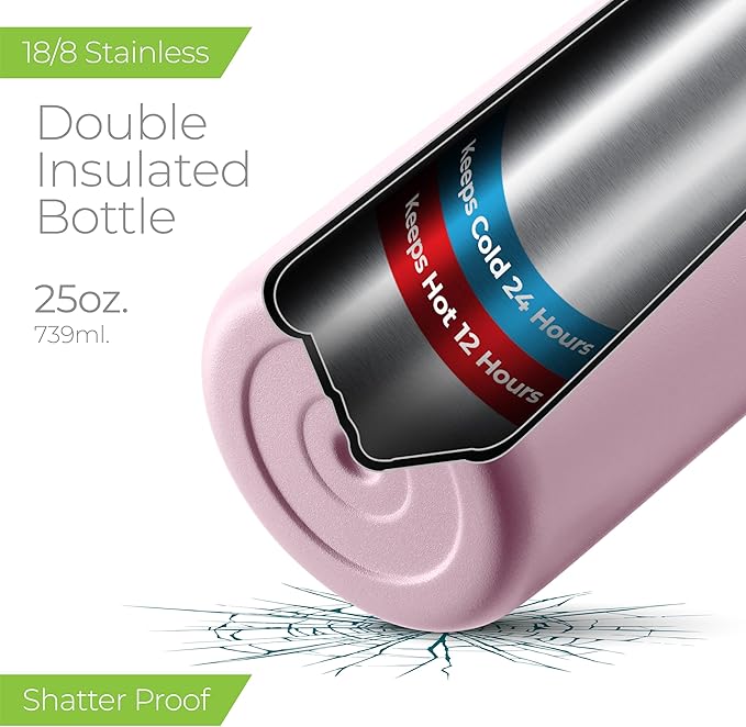 SipX™ Triple-Insulated Stainless Steel Water Bottle 25oz. With 3 Lids, BPA-Free Reusable Insulated Water Bottle Keeps Cold 24 Hours, Metal Water Bottle Made Of Sustainable Material For Hiking & Biking