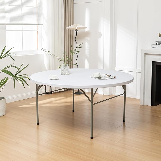 BTEXPERT Set of 2, White 5 Ft 60inch Round Plastic Folding Table Commercial Portable for Banquet Dining Wedding Party Events Home Kitchen Patio Backyard Indoor Outdoor