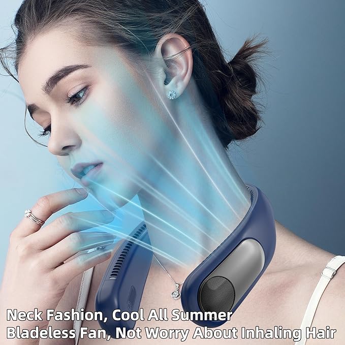 Portable Neck Fan,Personal Wearable Bladeless Fan,LED Display,4-Speeds,6000mAh USB Rechargeable,360° Strong Cooling Wind,Hands Free,Long Lasting,Birthday Gifts for Men Women Dad Mom (Blue)