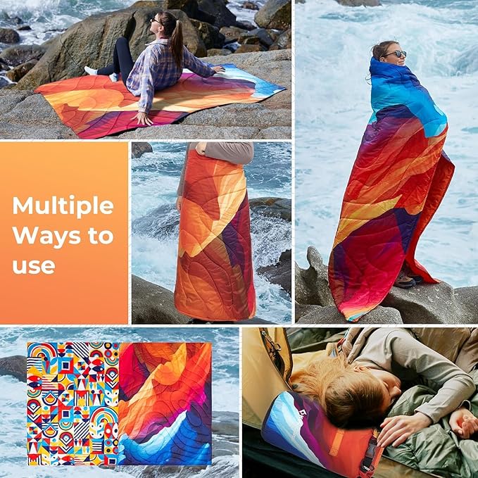 KingCamp Ultralight Camping Blanket, Packable Down Alternative Puffy Printed Wearable Blanket with Snap Buttons & Corner Loops Weatherproof Quilt for Outdoor Travel Stadium (79"L x 57"W, PEAK)
