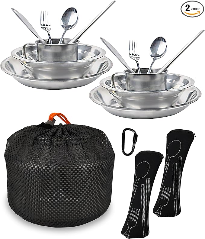 Stainless Steel Camping Mess Kit - Person's Complete Picnic & Camp Dish Set, Includes Plate, Bowl, Cup & Utensils