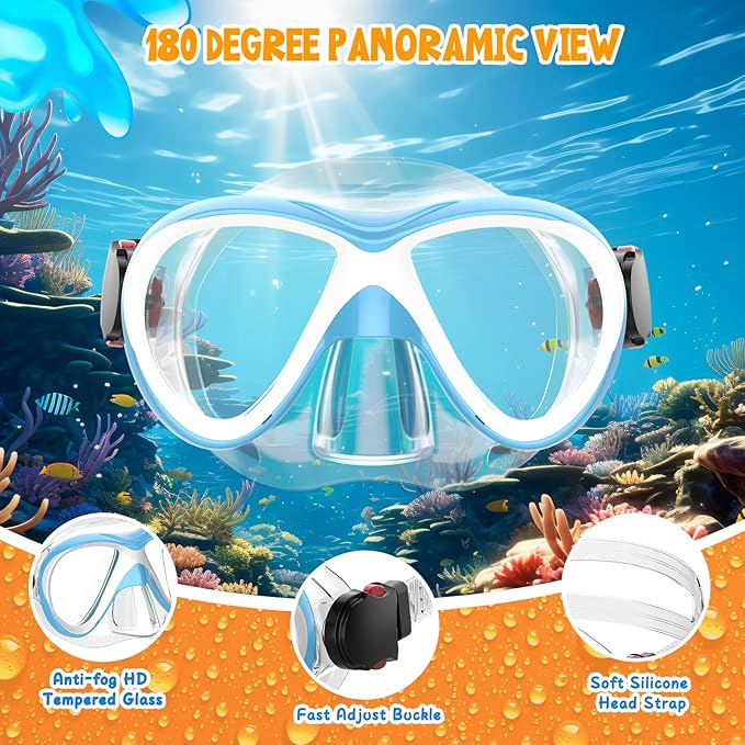 Kids Snorkel Set, Dry Top Snorkeling Gear for Kids, Diving Mask for Youth Boys Girls Age 5-15, Tempered Glass Swimming Goggles Combo Set, Anti-Fog Panoramic View Kids Snorkel Set