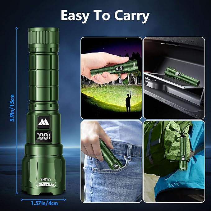 WdtPro LED Rechargeable Flashlight 2 Pack, Super Bright Zoomable 6000 Lumens Tactical Flashlight with LCD Digital Display, 3 Mode Waterproof Flash Light for Camping, Hunting & Home Emergency - Green