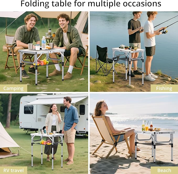 Folding Camping Table, Aluminum 24" x 16" Adjustable Height Small Folding Table with Carrying Handle, Lightweight, Portable Camping Table Waterproof for Outdoor Indoor Picnic Beach BBQ, Silver