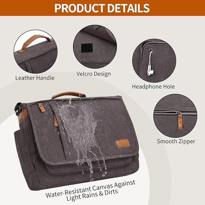 ESTARER Laptop Messenger Bag 17-17.3 Inch Water-resistant Canvas Shoulder Bag for Work College, Grey