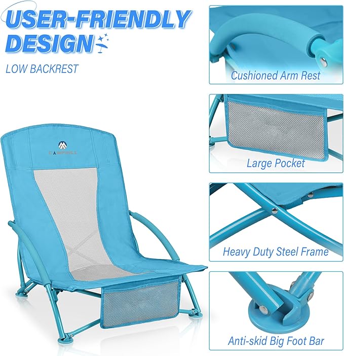 Low Beach Chairs 2 Pack,Folding Compact Low Seat Chairs for Adults w/Mesh Back& Storage Bag,Heavy Duty Chair for Outdoor Sand,Travel,Camping,Picnic,Blue
