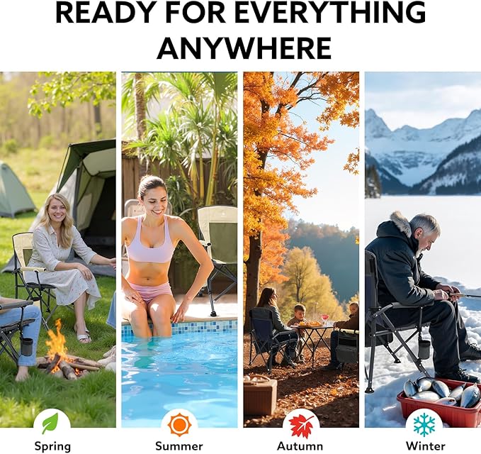 XL Heavy Duty Camping Chair 396lb Capacity (525lb Max) – Waterproof 1680D Oxford Fabric, 2" Padded Seat & Back, Cup Holder, Cooler Pocket, Portable for Camping, Beach & Tailgating (Onyx Black)