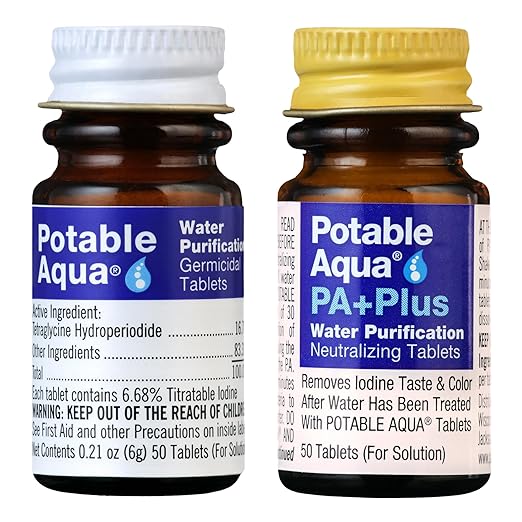 Potable Aqua Water Purification Tablets with PA Plus, Portable and Effective Solution for Camping, Hiking, Emergencies, Natural Disasters and International Travel, Two 50ct Bottles