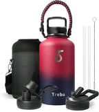 Trebo Insulated Water Bottle 64 oz, Half Gallon Metal Vacuum Water Jug with Paracord Handle and 3 Lids, Leakproof BPA-Free Flask for Gym Sports Hiking Travel, Keep Cold 48 Hours, Ruby Red