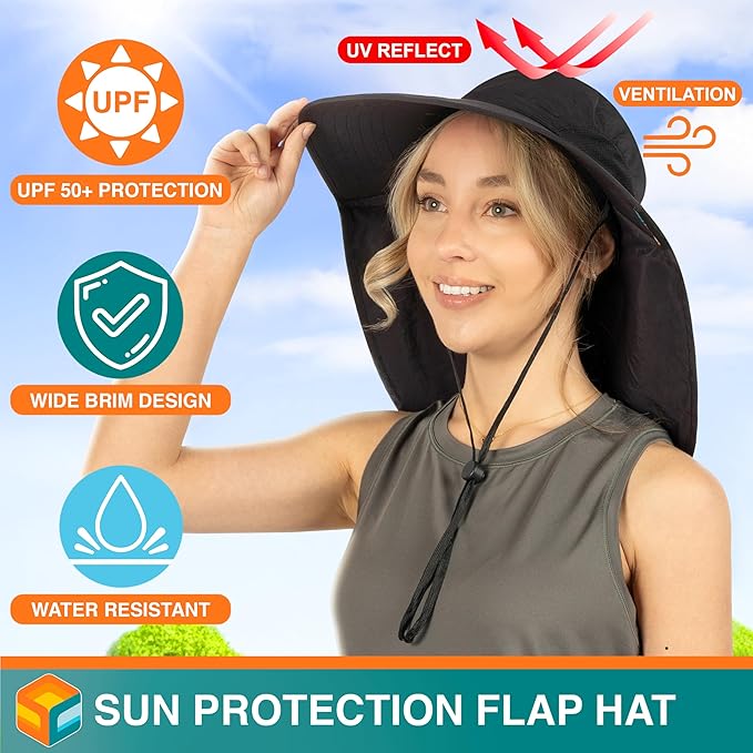 SUN CUBE Wide Brim Sun Hat with Neck Flap, UPF50+ Hiking Safari Fishing Hat for Men Women, Sun Protection Beach Hat