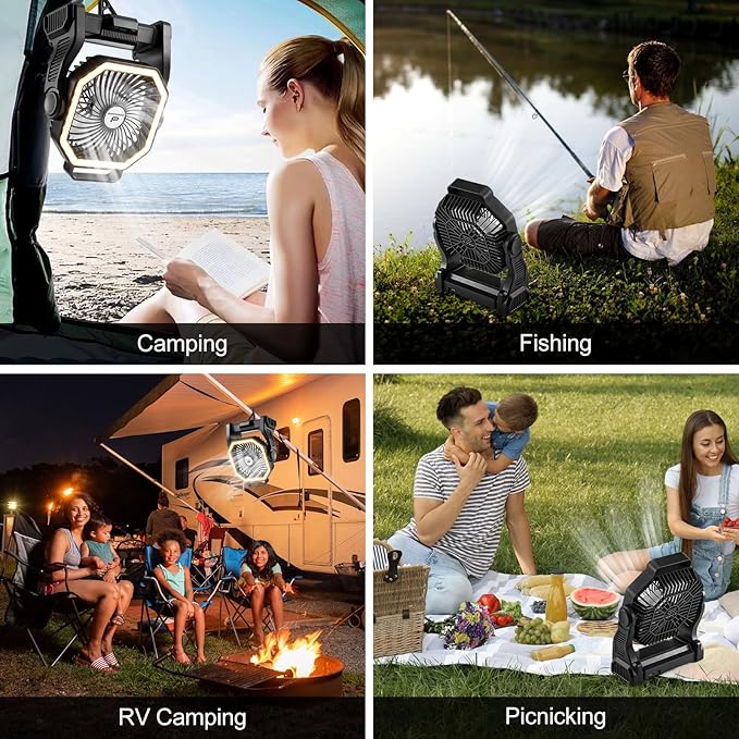 Odoland Rechargeable Camping Fan, 20000mAh Battery Fans with LED Lantern for Tent Car Beach Storm, Portable Ventilador Recargable Light Desk Fan for Picnic Power Outage Hurricane, Black