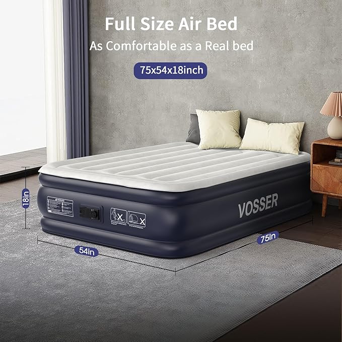 Air Mattress Full with Built in Pump,18''Inflatable Mattress of Upgraded Vertical Beams,Self Inflatable/Deflation Blow Up Mattress in 3 Mins,Flocked Top Airbed with Carry Bag for Home, Camping