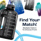 AQUAFIT Half Gallon Water Bottle with Time Marker - Straw & Chug Lid - BPA Free Gym Water Bottle with Straw - Big Gallon Jug (Midnight Gray, 64 oz - 2 Lids)