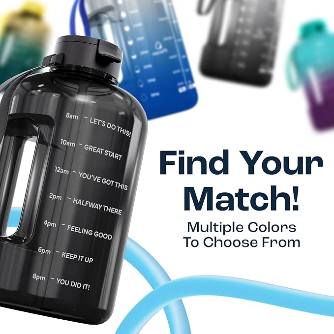 AQUAFIT Half Gallon Water Bottle with Time Marker - Straw & Chug Lid - BPA Free Gym Water Bottle with Straw - Big Gallon Jug (Gray, 64 oz - 2 Lids)