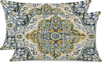 Outdoor Waterproof Pillow Covers 12X20 Set of 2 Bohemian Vintage Carpet Pattern Pillow Covers Green Blue Ethnic Design Decorative Farmhouse Cushion Case for Couch Garden