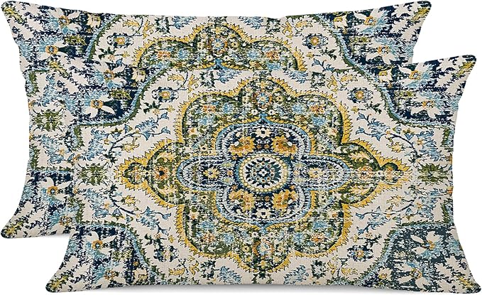 Outdoor Waterproof Pillow Covers 12X20 Set of 2 Bohemian Vintage Carpet Pattern Pillow Covers Green Blue Ethnic Design Decorative Farmhouse Cushion Case for Couch Garden