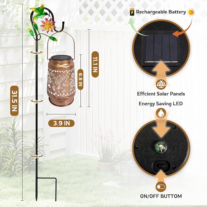 Solar Lanterns Outdoor Waterproof with Shepherd Hook, Hummingbird Garden Decor Solar Lights Outdoor, Birthday Gifts for Women, Mom, Gardens, Yards