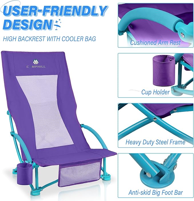 Beach Chairs for Adults 2 Pack,Heavy Duty Folding High Back Camping Chairs w/Cooler Bag,Mesh Back,Cup Holder & Storage Bag,Compact Sling Chair for Lawn,Picnic,Travel,Purple