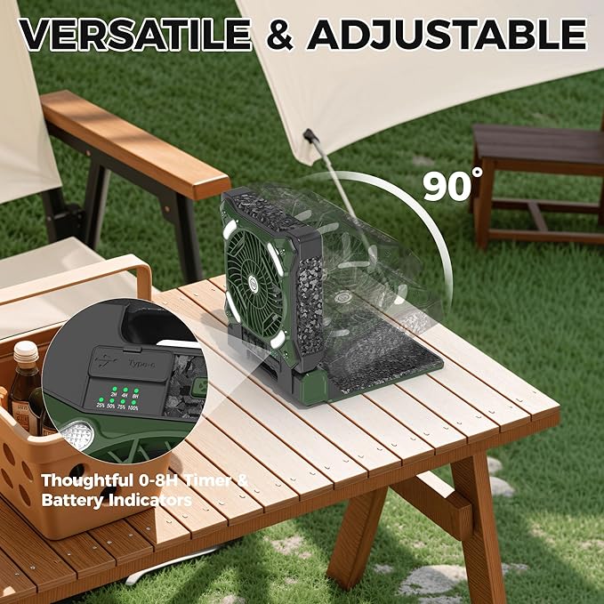 MORECORE 10000mAh 11inch Solar Camping Fan with Dual Charging, 4 Speeds & 3 Light Levels, 36H Run Time, Timer & 90° Adjustable, Portable Quiet Desk Fan for Hiking, Hurricane, Outages, Fishing-Green