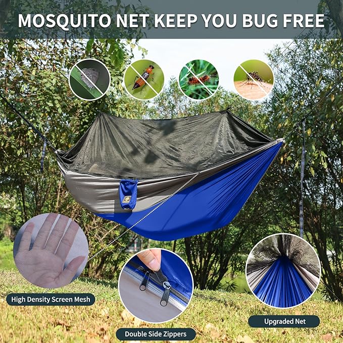 Camping Hammock with Net,Portable Lightweight Double Hammocks with Tree Straps and Solid D-Shape Carabiners,Parachute Nylon Hammock for Backpacking Beach Backyard Patio Hiking Blue&Grey