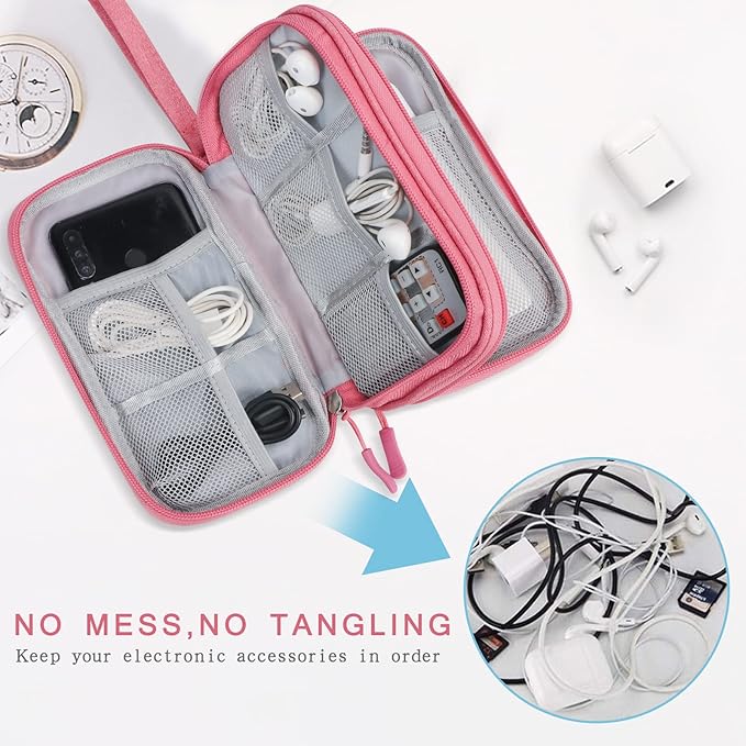 Skycase Electronic Organizer Travel Case - Waterproof Travel Cord Pouches for Organization, Cable Organizer, All-in-One Double Layers Storage Bag for Accessories, Charger, Cable, Pink- Large