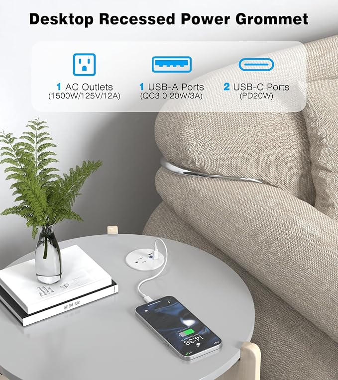 Desk Grommet Power Outlet, 2.5 inch Desktop Recessed Outlet with 20W Fast Charging USB-C Port, Flush Mount Outlet for Conference Rooms, Office Tables, Furniture (White, 10FT)
