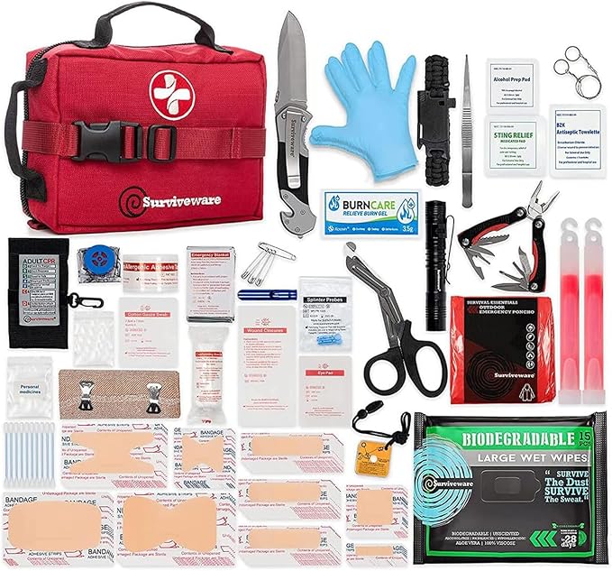 Surviveware 119 Pcs Comprehensive Premium Survival First Aid Kit - Medical Emergency Kit for Travel Camping Gear, Home Essentials & Outdoor Emergencies - HSA & FSA Eligible Survival Kit