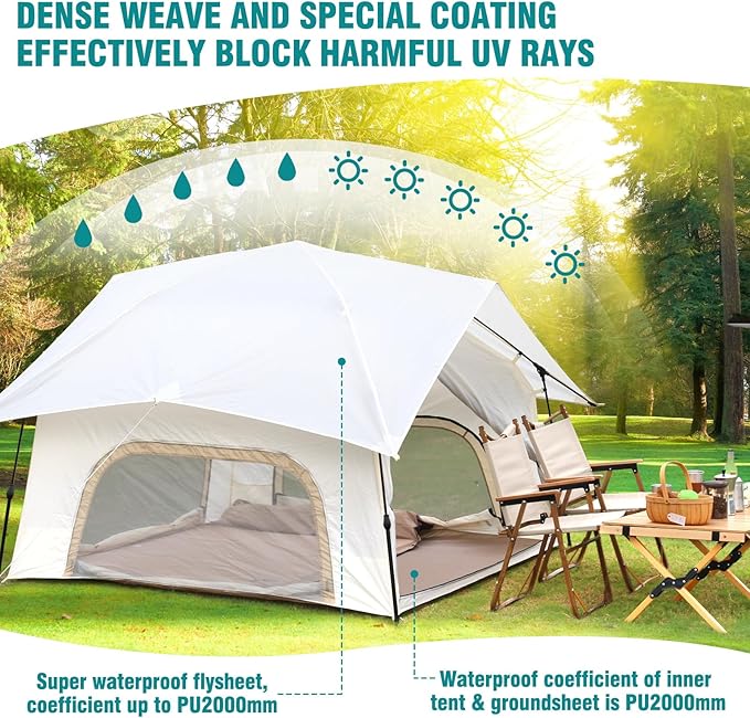 Chihee Camping Tents Pop up Easy Setup 2-Person Instant Tent Outdoor Shelter Stand-up Tent Square Family Cabin with Mesh Windows External Rainfly Carry Bag Portable Spacious Ventilation Beach Travel