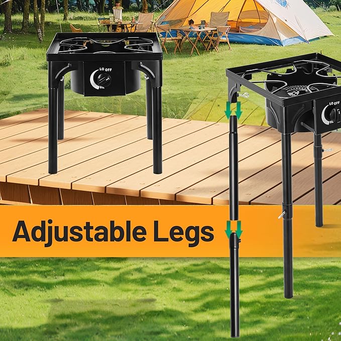 Outdoor Camping Stove, 130000 BTU, High Pressure Single Burner, Propane Gas Cooker with Detachable Legs, 30 PSI Regulator