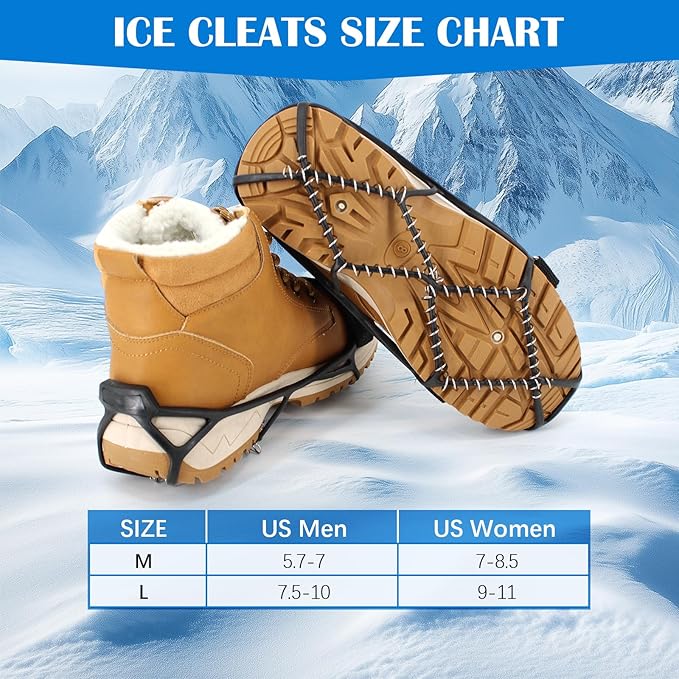 Ice Snow Traction Cleats Crampons, 28 Teeth Snow Spikes for Shoes and Boots, Rubber Anti Slip Ice Snow Grippers, Ice Cleats for Walking On Snow and Ice, Hiking, Climbing