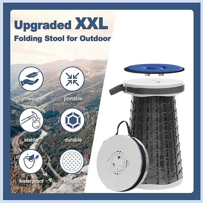 ALEVMOOM 2025 Upgraded XXL 19.7" Collapsible Stool with Cushion, 1000lbs Max Weight Heavy Duty Portable Telescoping Stool, Retractable Seat Folding Chair for Camping Fishing Hiking(Grey-XXL)