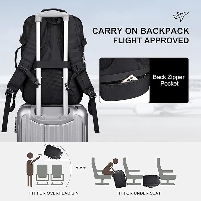 PIJUSHI Travel Backpack for Women Men Expandable Carry on Luggage Backpack Airline Approved Personal Item Laptop Bag(PE034 Black)