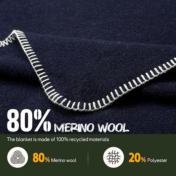 Merino Wool Blend Camping Blanket Ultra Warm, Moisture Wicking, Portable Outdoor Blanket for Camping, RV Trips, Adventures, Picnic, Bushcraft Survival Kits, Large 86"x62"