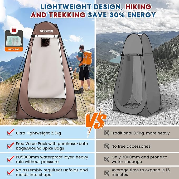 AOSION Privacy Shower Tent,Pop Up Changing Tent,Camp Bathroom Changing Dressing Room,Sun Sunshade Canopy Outdoor Rain Shelter for Camping Hiking Beach Picnic Fishing. (Brown)