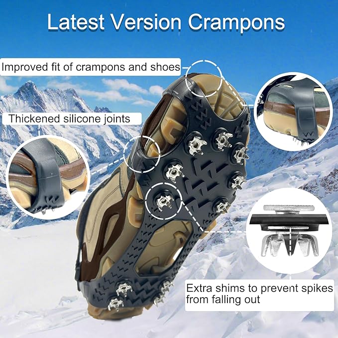 Ice Cleats for Shoes and Boots,Silicone Crampons,11 Stainless Shoe Spikes for Snow and ice,Heavy Duty Traction for Hiking,Climbing &Mountaineering,Ice Fishing (Ultra-Cold -45°C, Easy On/Off，Unisex)