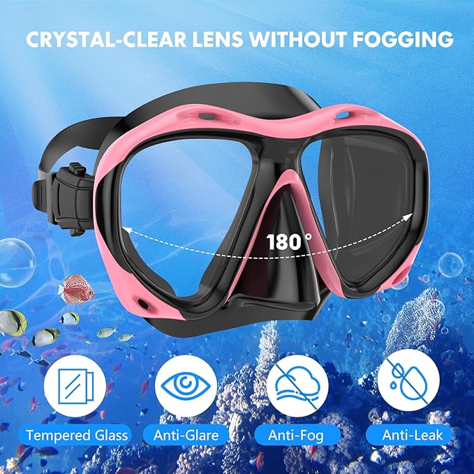 Snorkeling Gear for Adults Men Women, 3 in 1 Snorkel Set with Panoramic View Diving Mask Anti-Fog Anti-Leak, Snorkel Mask Dry Top Snorkel Fins for Swimming, Snorkeling and Travel Diving
