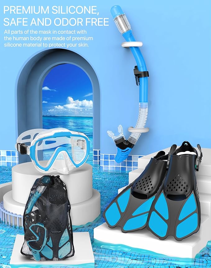 Snorkeling Gear for Adults Men Women,4 in 1 Snorkel Set with Panoramic View Diving Mask Anti-Fog Anti-Leak,Dry Top Snorkel,Fins and Travel Bag for Swimming,Snorkeling and Travel Diving