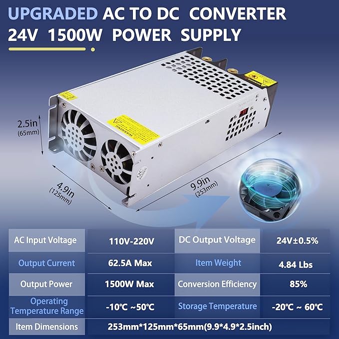 New Upgraded DIY SMPS 110V to 24V AC to DC 62.5A 1500W Power Supply,DC Power Supply,110v to 24v Converter Voltage Transformer for Motor Pump CCTV 3D Printer Air Compressor Led