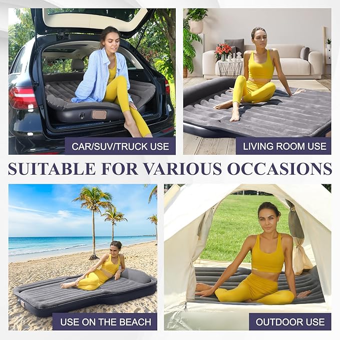 KMZ Inflatable Air Mattress with Built-in Electric Pump -Self Inflatable/Deflation Blow Up Mattress in 90 Seconds- Flocked Top Carbed with Carry Bag for Travel, Camping