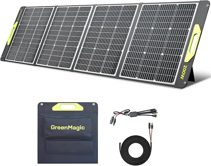200W Portable Solar Panel, Greenmagic 200W Foldable Solar Panel Lightweight with Kickstands for Home, Camping, Boat, Shed Farm Camping RV Solar Generator, 23% High Efficiency