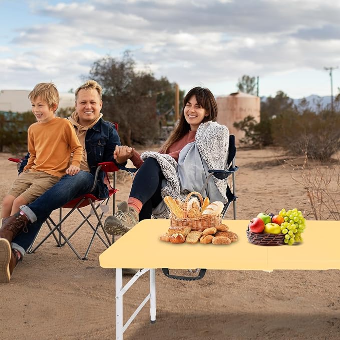 4 FT Folding Table with Carry Handle, Portable Fold-in-Half Plastic Table, Rectangle Foldable Table for Indoor/Outdoor Light Yellow